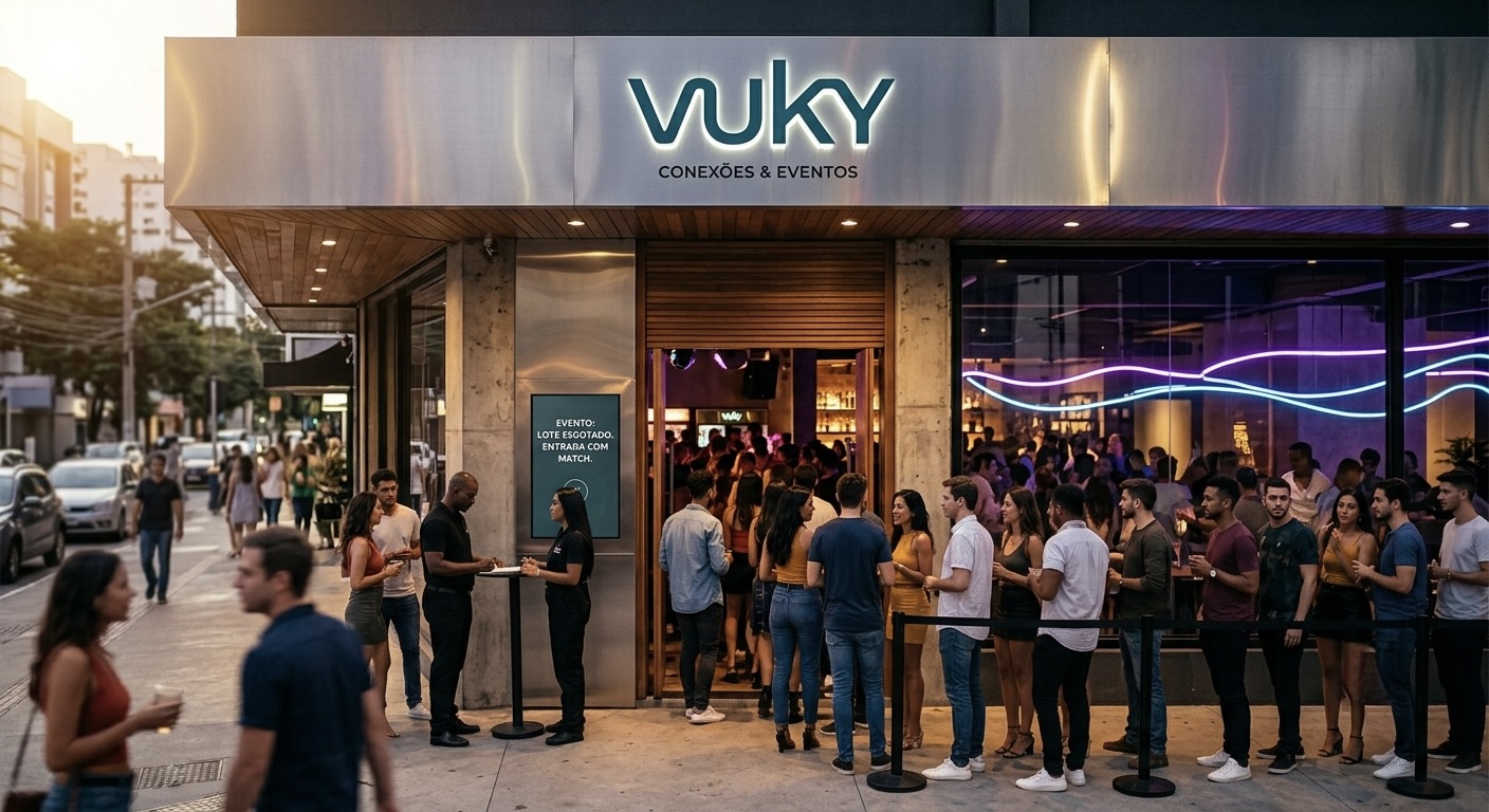Fachada de estabelecimento parceiro Vuky com fila do lado de fora e placa de lote esgotado