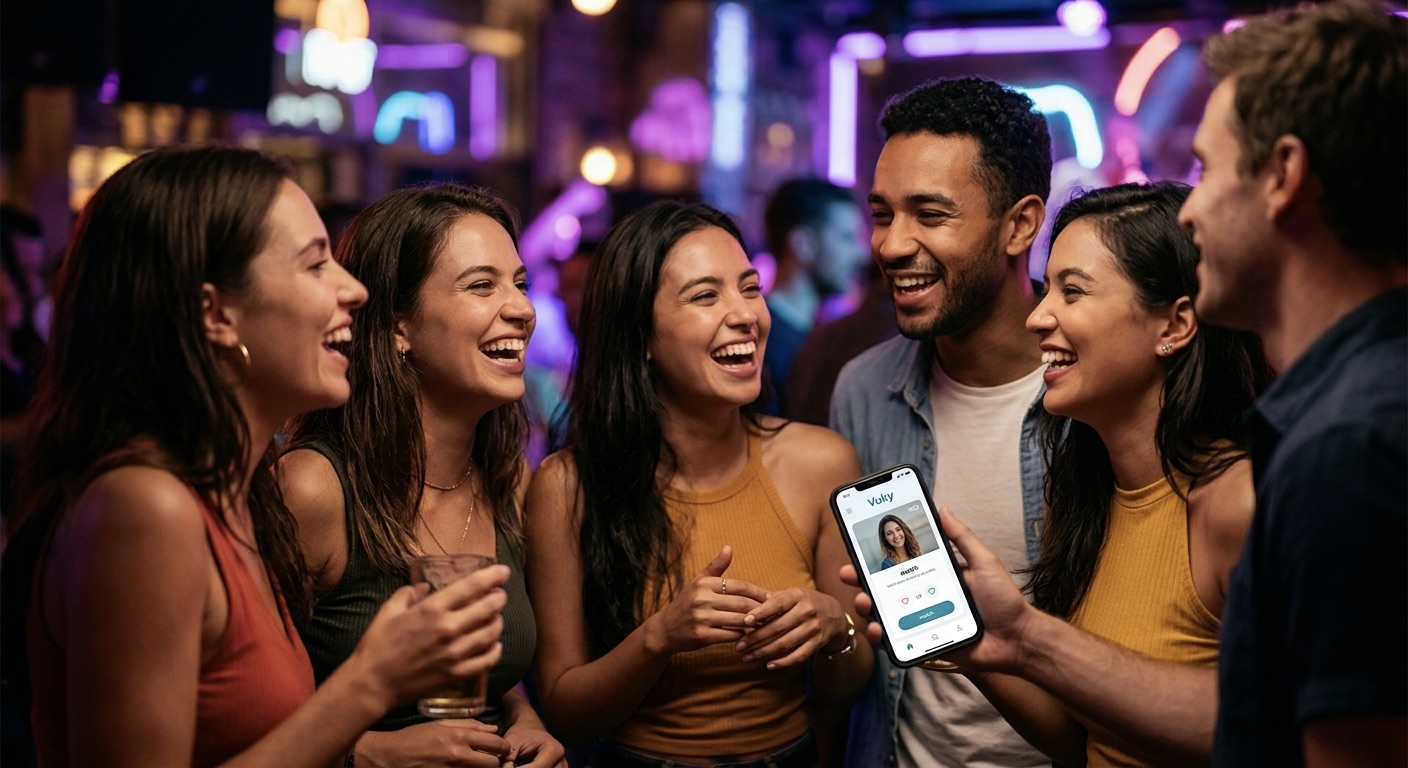 Grupo de amigos curtindo uma festa enquanto usa o Vuky no celular